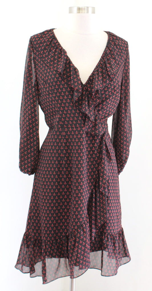 Adrianna Papell Black Geometric Print Ruffle V Neck Faux Wrap Dress Size 4 Red