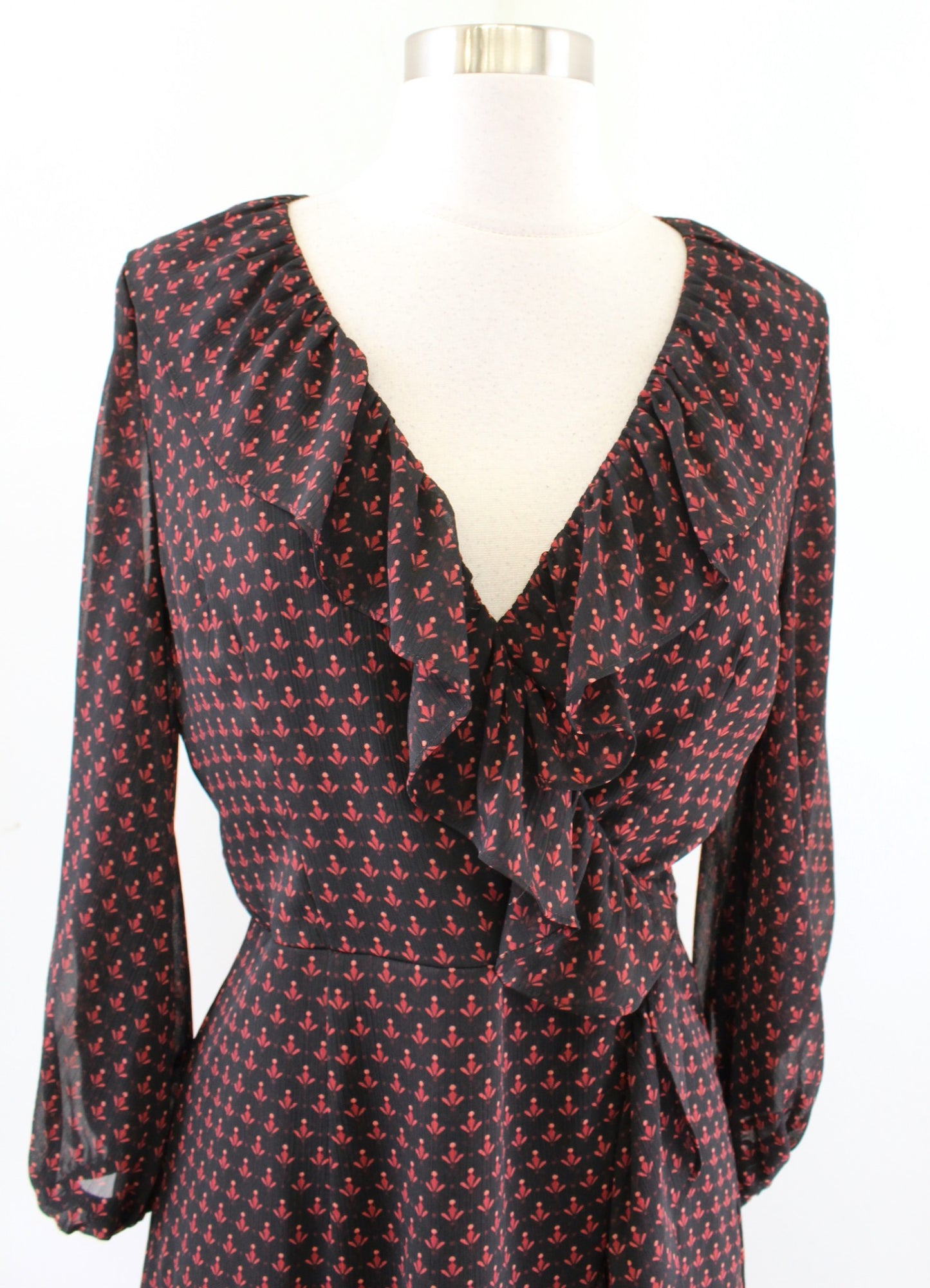 Adrianna Papell Black Geometric Print Ruffle V Neck Faux Wrap Dress Size 4 Red