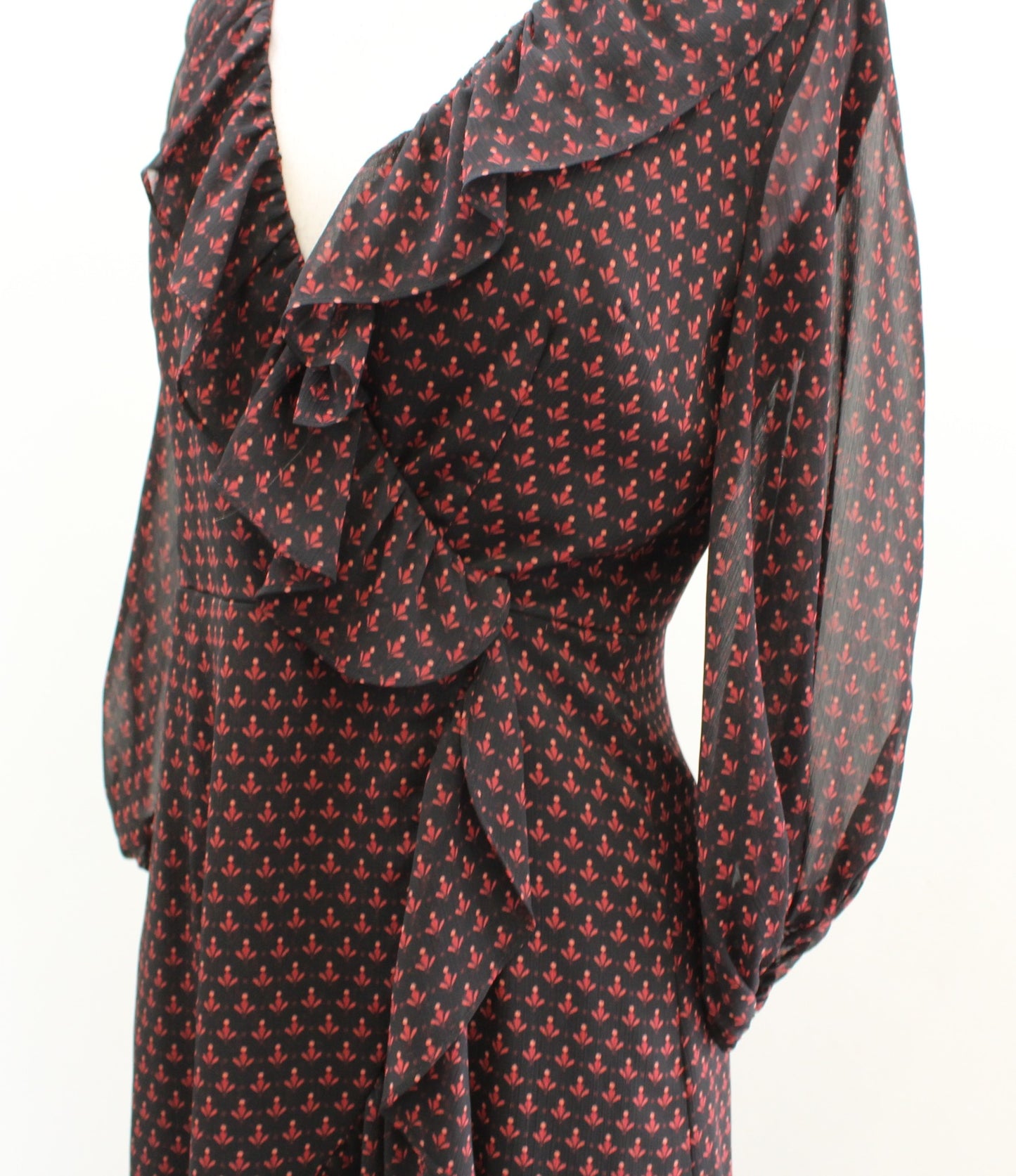 Adrianna Papell Black Geometric Print Ruffle V Neck Faux Wrap Dress Size 4 Red