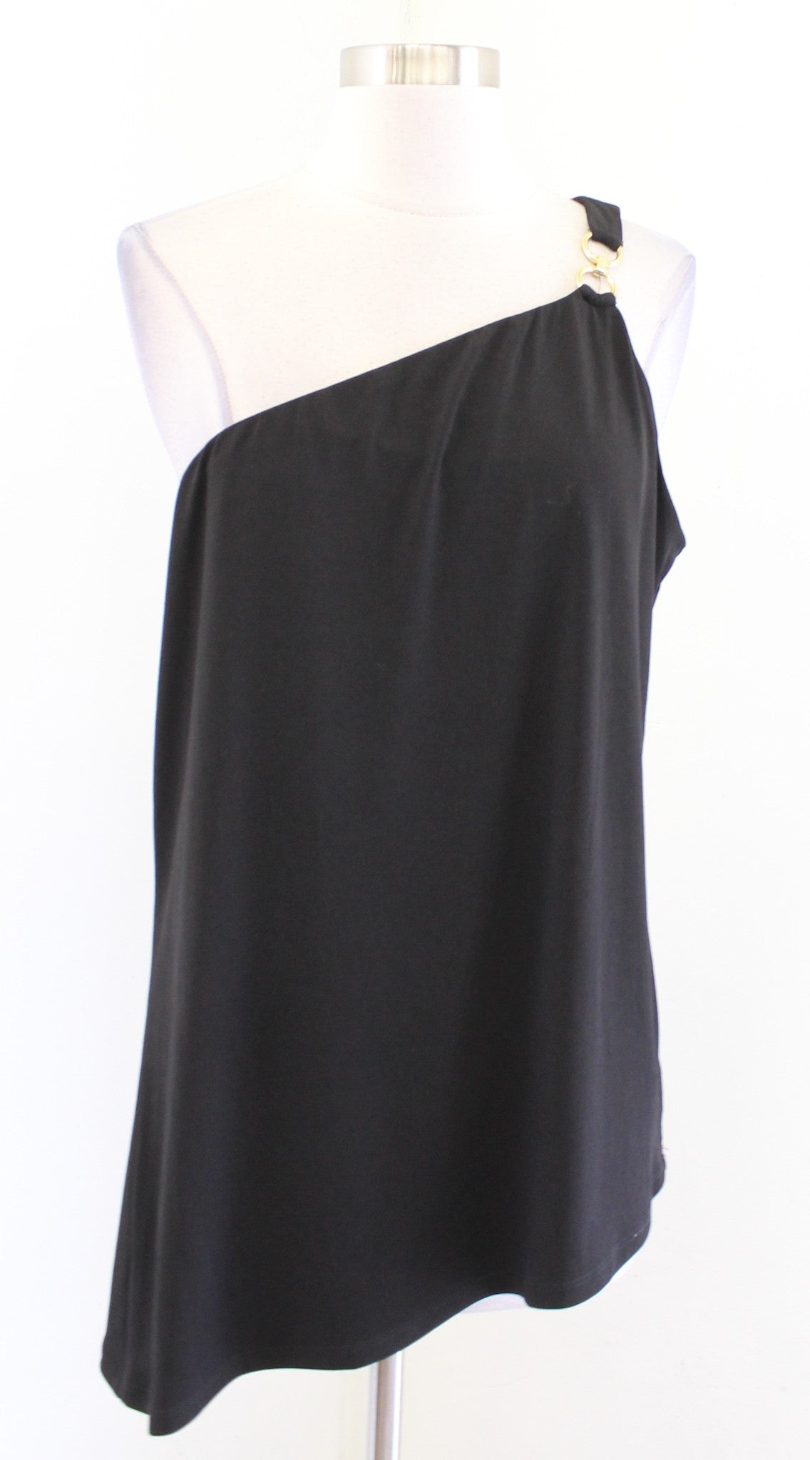 NWT Michael Kors Black Gold One Shoulder Asymmetrical Hem Tank Top Blouse Size L
