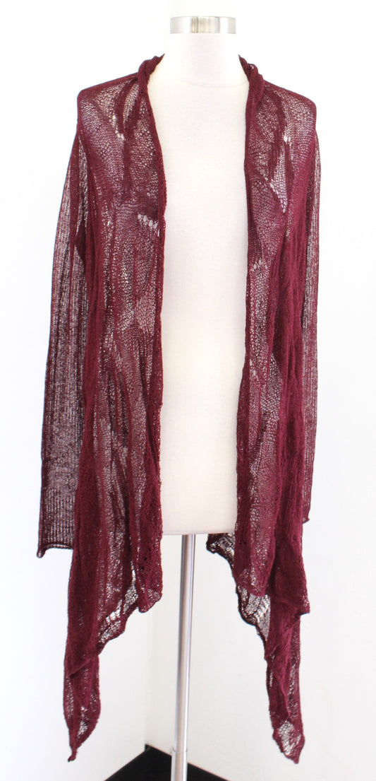 Eileen Fisher Maroon Lace Fishnet Style Waterfall Hi Lo Cardigan Sweater Linen S