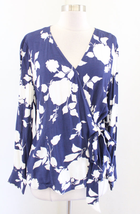 NWT Talbots Navy Blue White Rose Floral Print Wrap Sash Blouse Size L