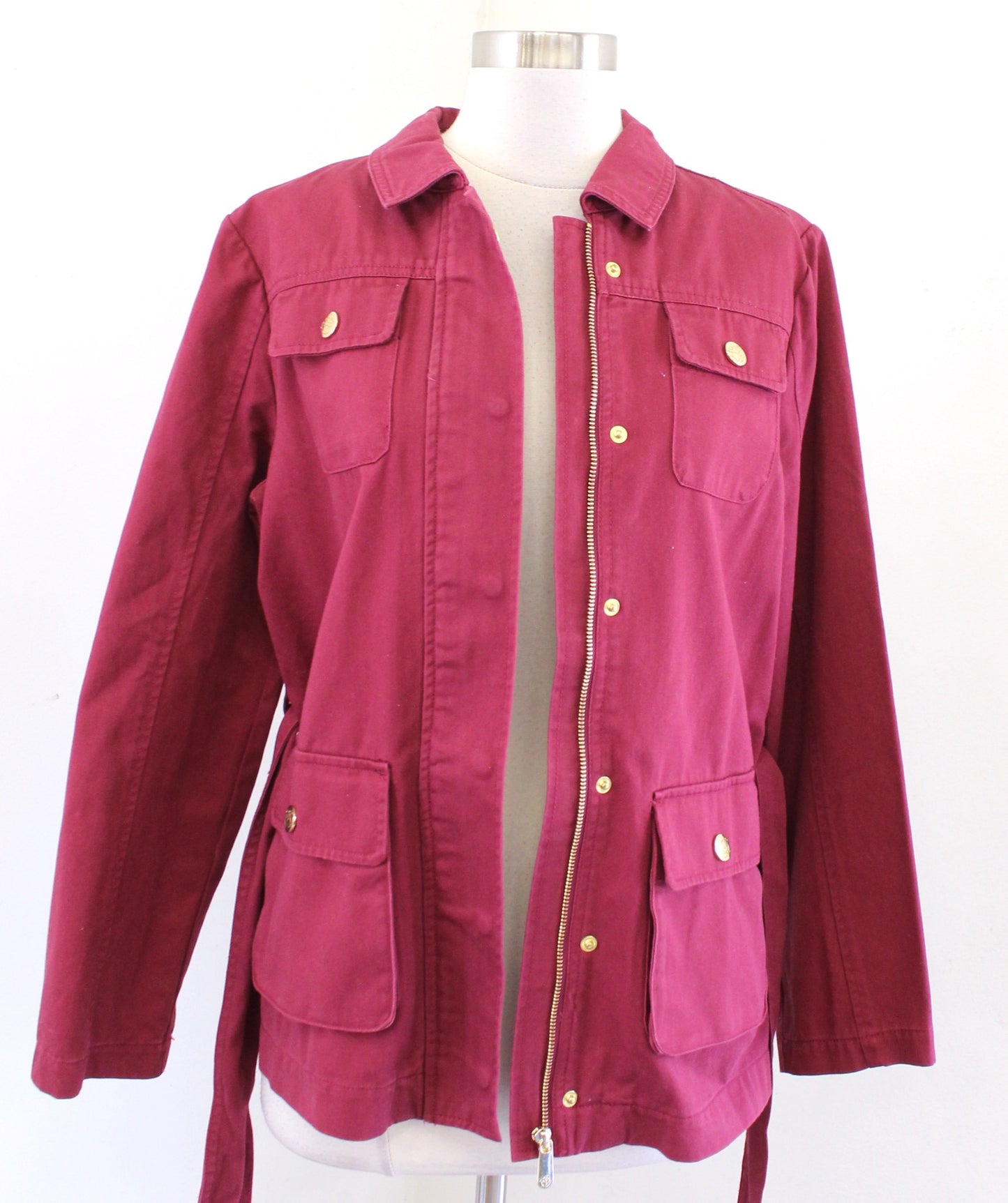Draper James Red Twill Field Jacket in Deep Berry Size M Zip Front Tie Waist