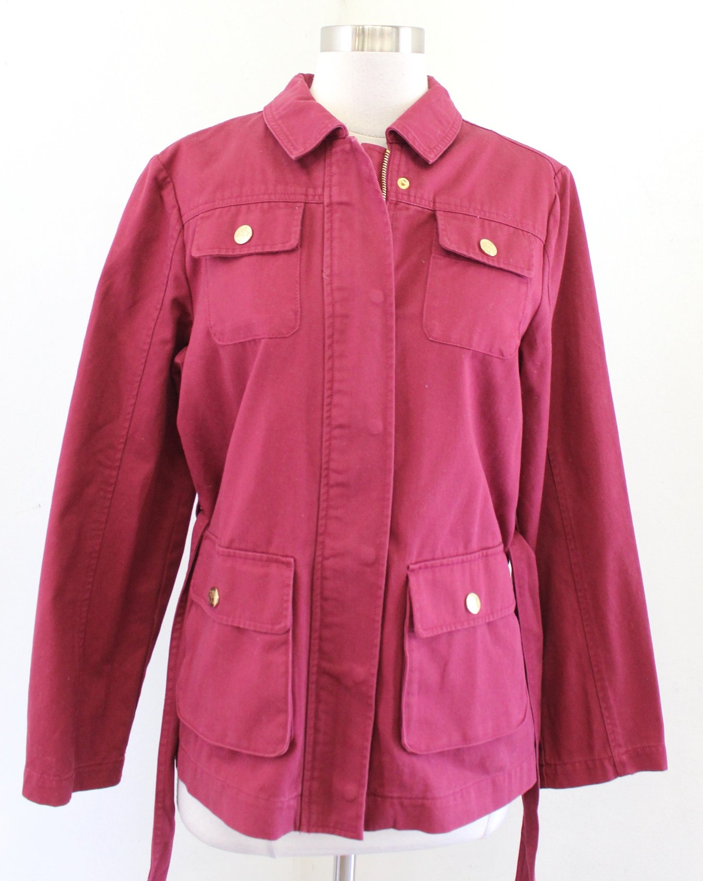 Draper James Red Twill Field Jacket in Deep Berry Size M Zip Front Tie Waist