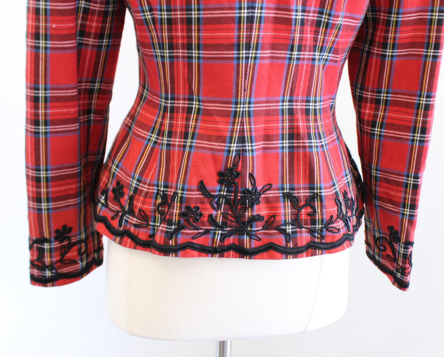 Vtg Marie St Claire Red Plaid Embroidered Floral Peplum Blazer Jacket Holiday 6