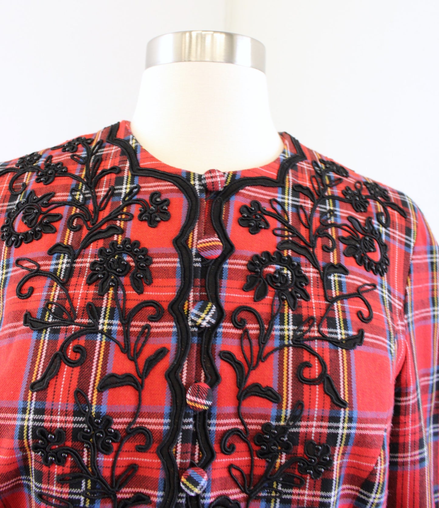 Vtg Marie St Claire Red Plaid Embroidered Floral Peplum Blazer Jacket Holiday 6