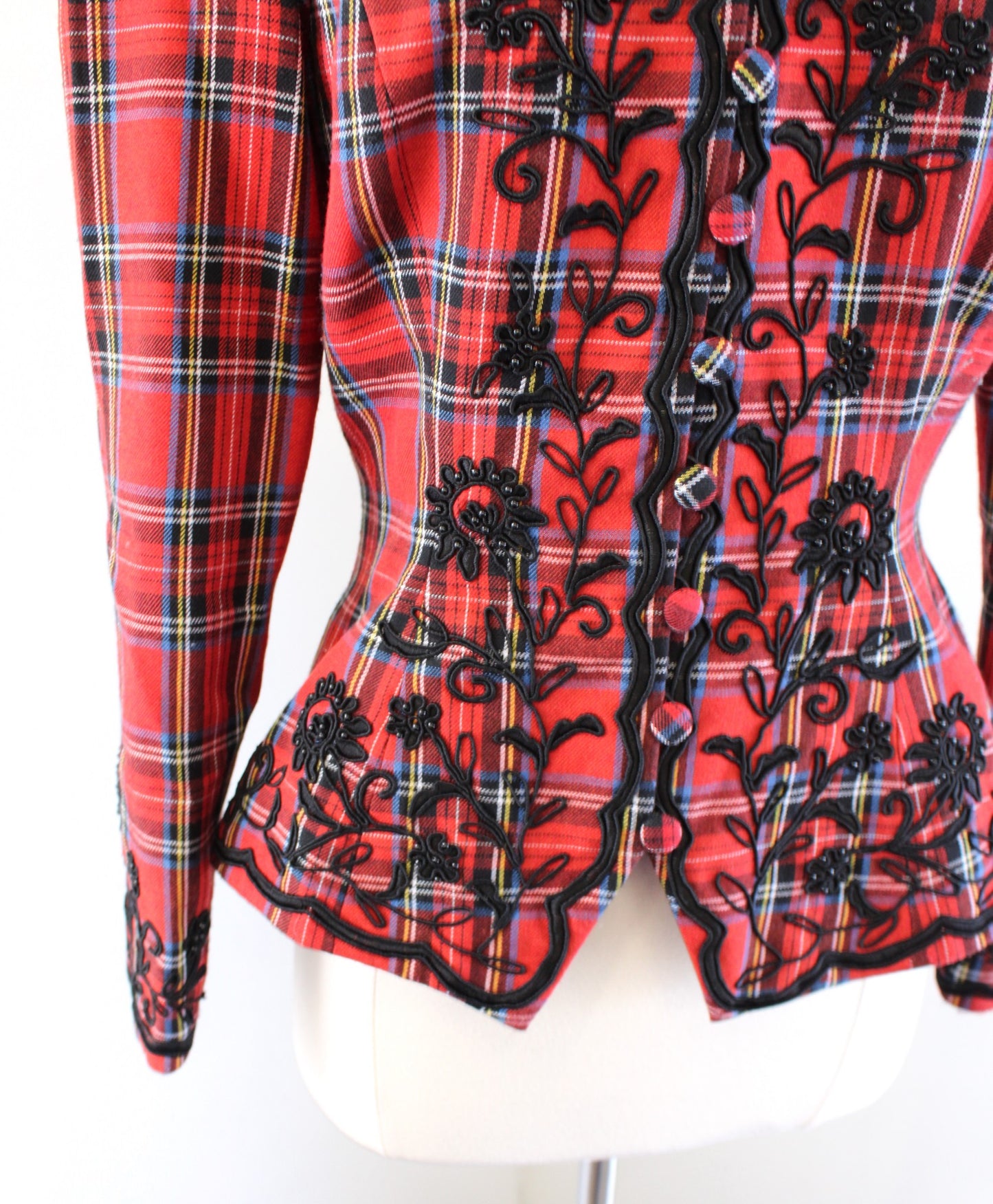 Vtg Marie St Claire Red Plaid Embroidered Floral Peplum Blazer Jacket Holiday 6