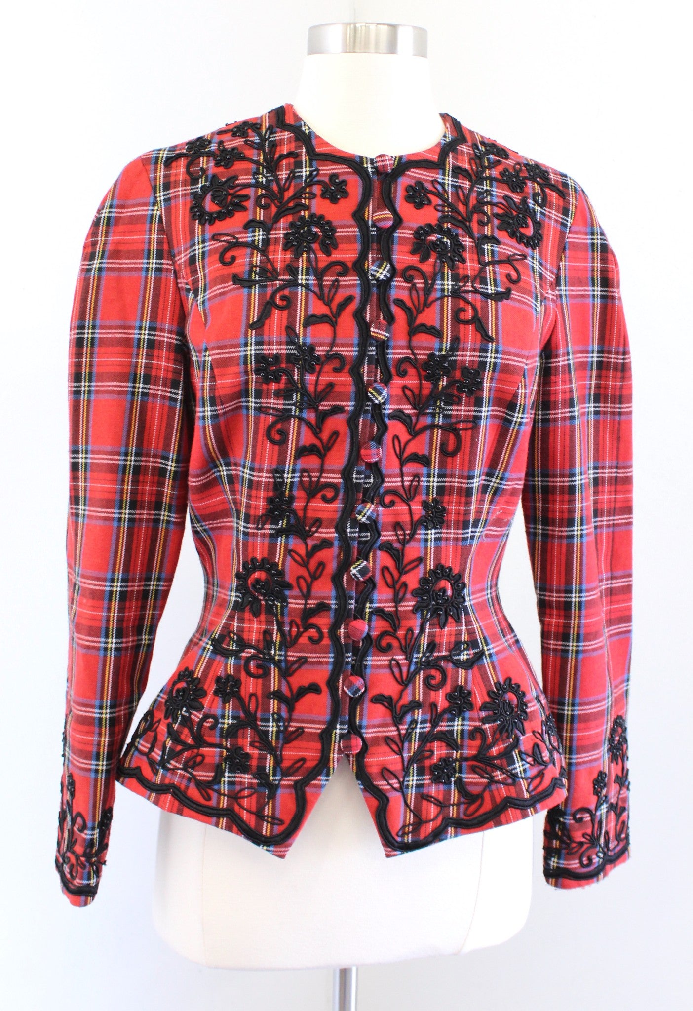 Vtg Marie St Claire Red Plaid Embroidered Floral Peplum Blazer Jacket Holiday 6