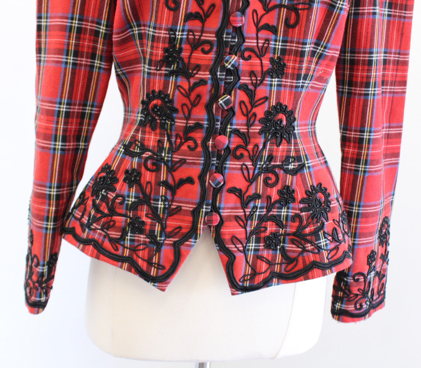 Vtg Marie St Claire Red Plaid Embroidered Floral Peplum Blazer Jacket Holiday 6