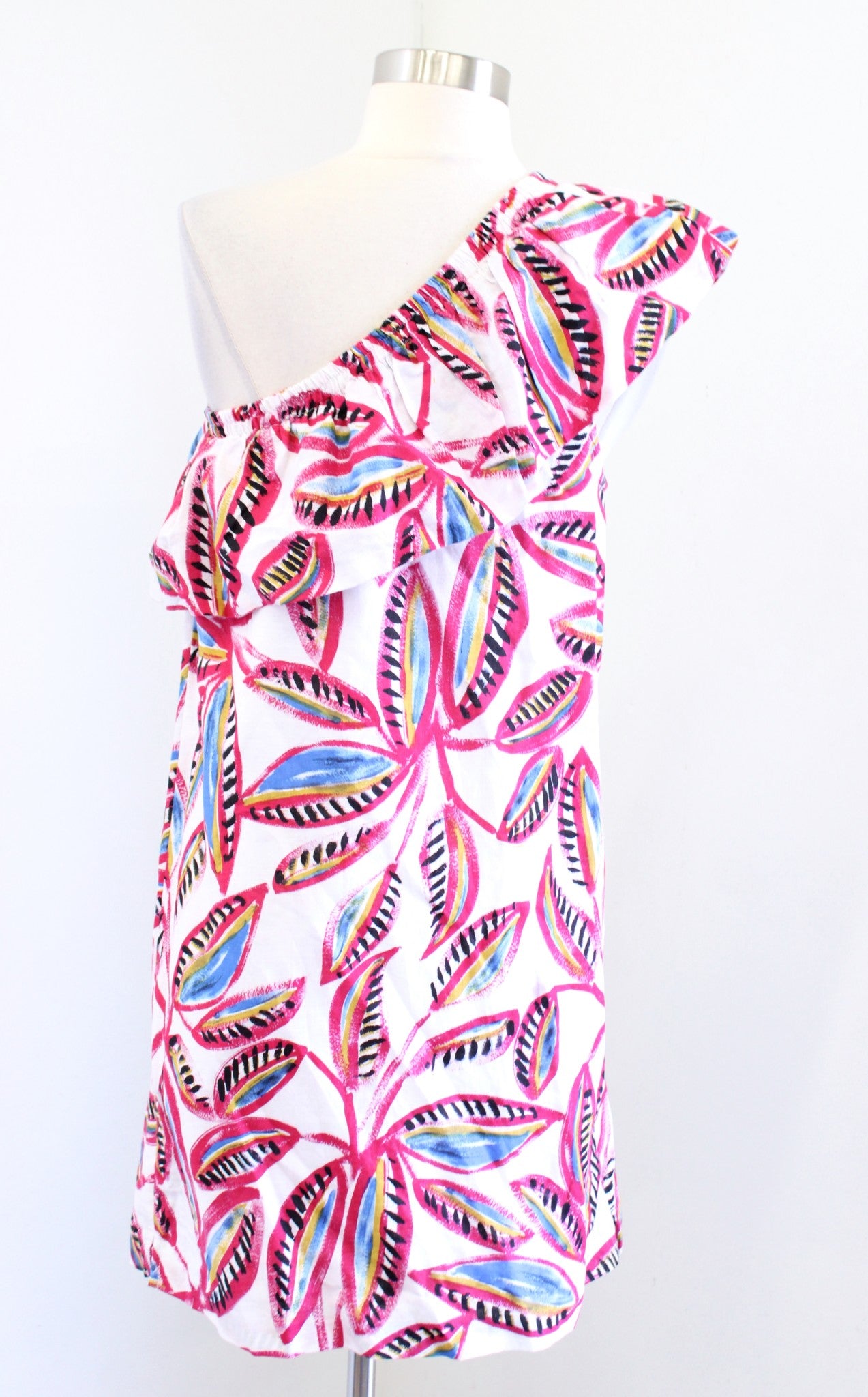 J Crew Floral Printed One Shoulder Linen Blend Shift Dress Size S Pink White