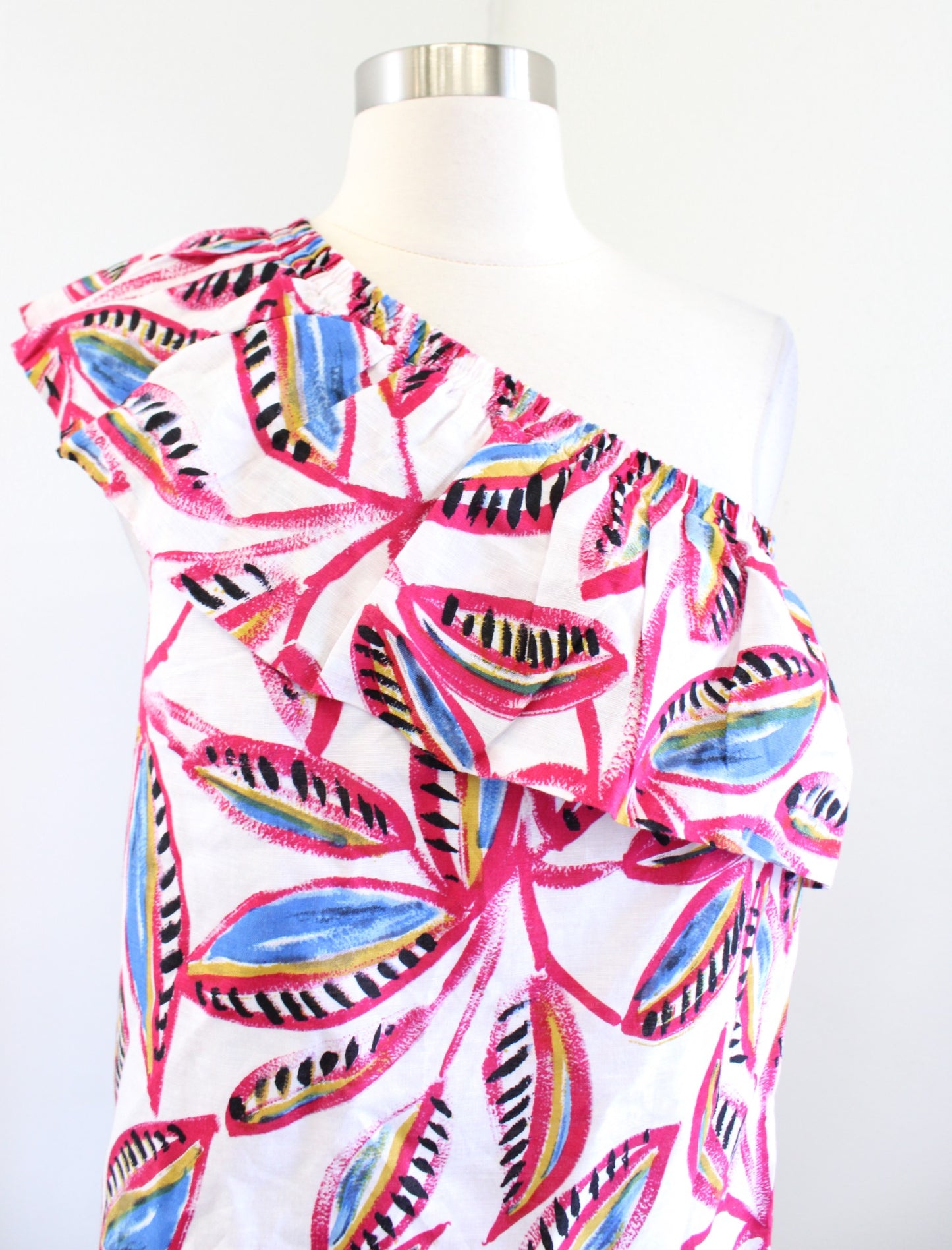 J Crew Floral Printed One Shoulder Linen Blend Shift Dress Size S Pink White