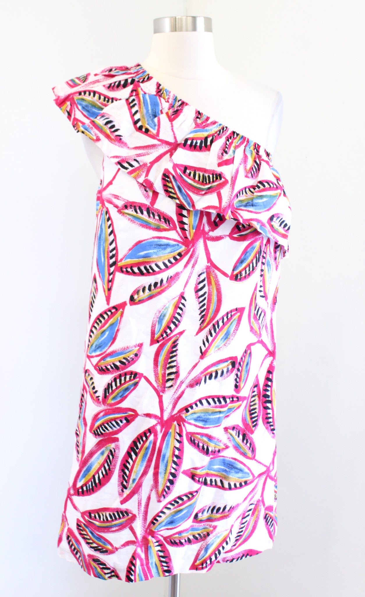 J Crew Floral Printed One Shoulder Linen Blend Shift Dress Size S Pink White