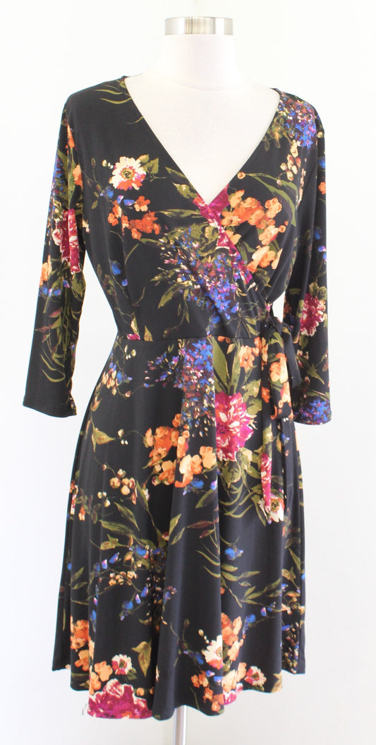 NWT Hailey 23 Stitch Fix Black Garden Floral 3/4 Sleeve Jersey Faux Wrap Dress M