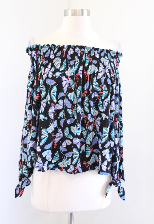 We the Free Free People Lexington Floral Off the Shoulder Top Blouse Sz S Black