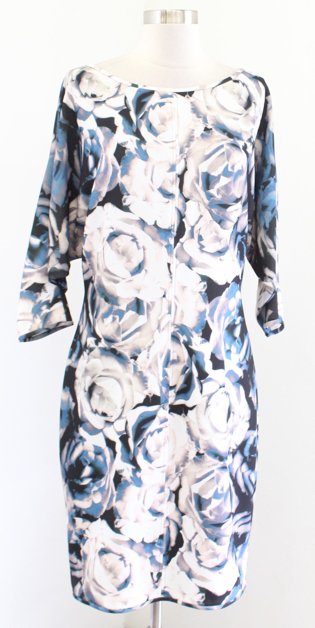 Black Halo Blue Rose Floral Print Dolman Sleeve Crepe Sheath Dress Size 10 Ivory