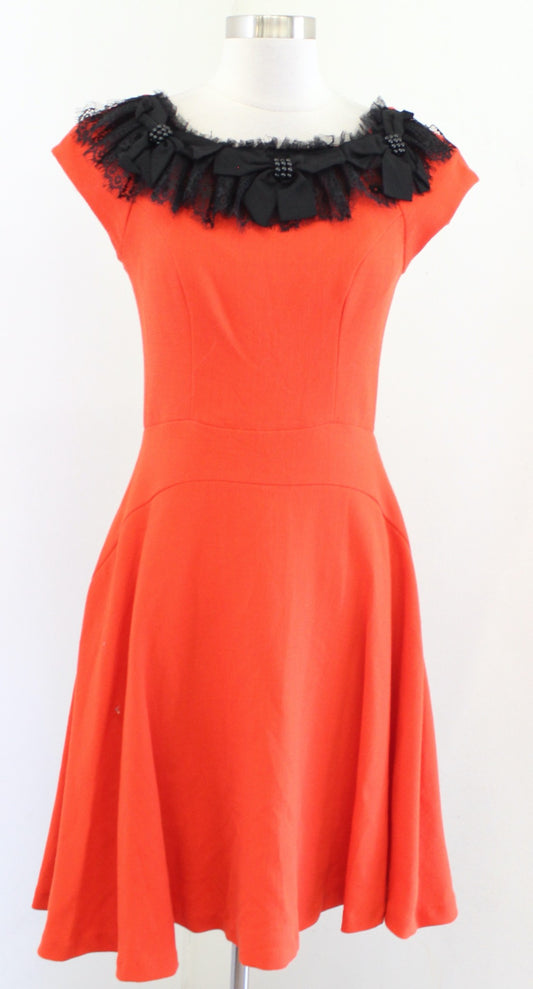 Eva Franco Anthropologie Orange Wool Fit and Flare Embellished Dress Bow Lace 2