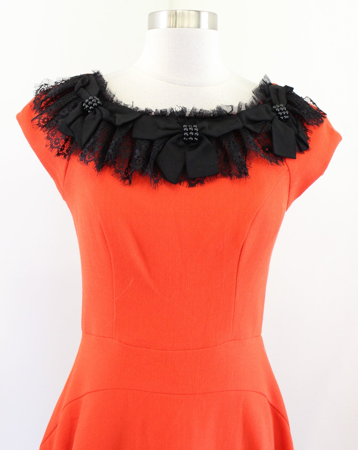 Eva Franco Anthropologie Orange Wool Fit and Flare Embellished Dress Bow Lace 2