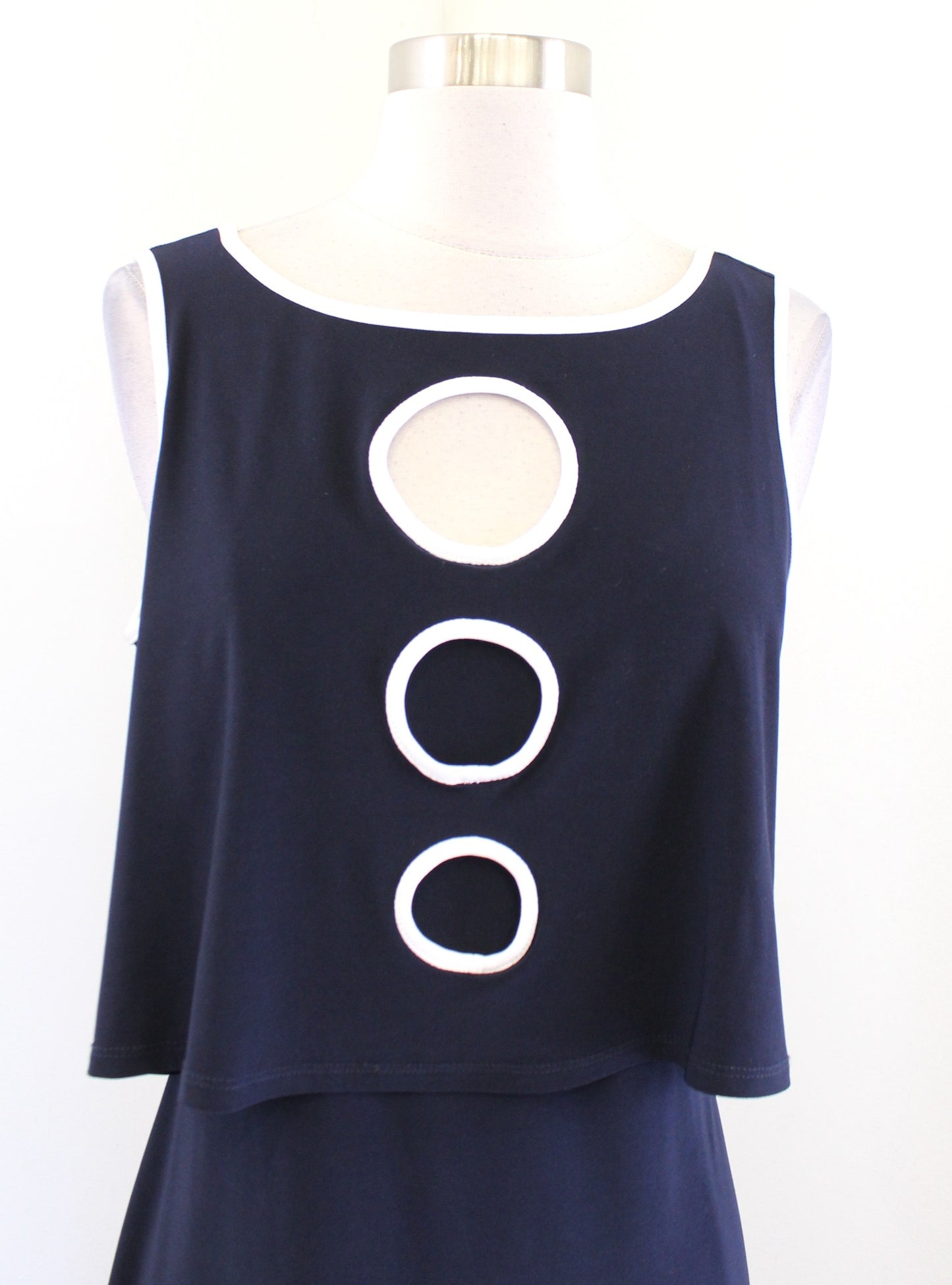 Joseph Ribkoff Navy Blue White Circle Keyhole Layered Jersey Sheath Dress Size 8
