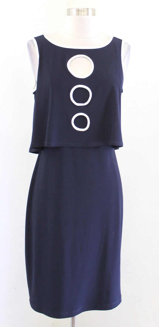 Joseph Ribkoff Navy Blue White Circle Keyhole Layered Jersey Sheath Dress Size 8
