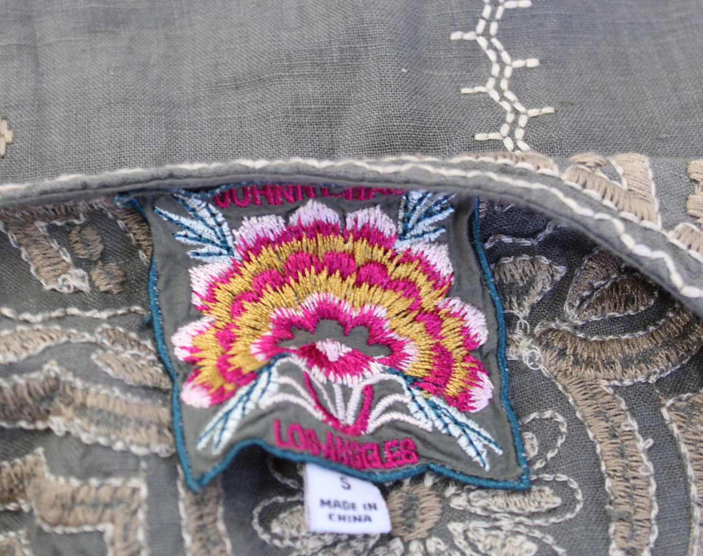 Johnny Was Green Ornate Floral Embroidered Button Front Tie Waist Linen Dress S