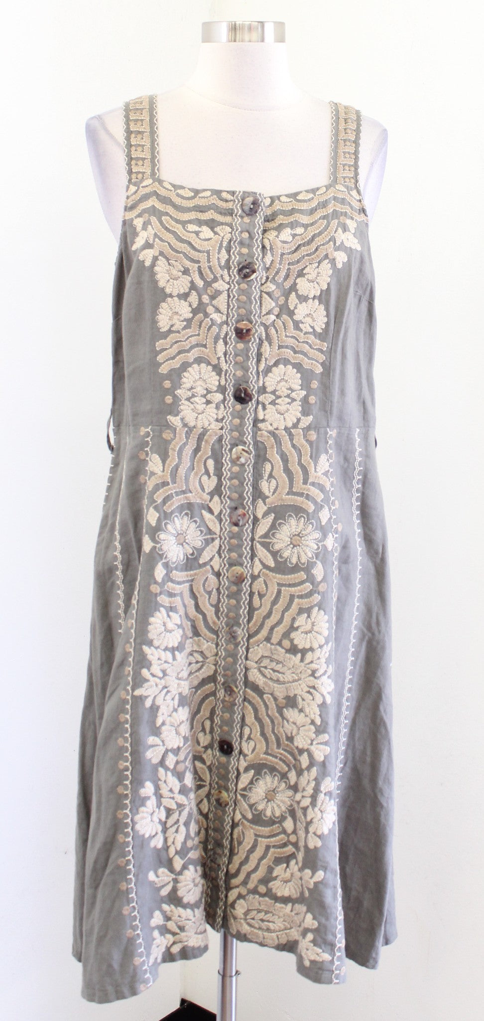 Johnny Was Green Ornate Floral Embroidered Button Front Tie Waist Linen Dress S