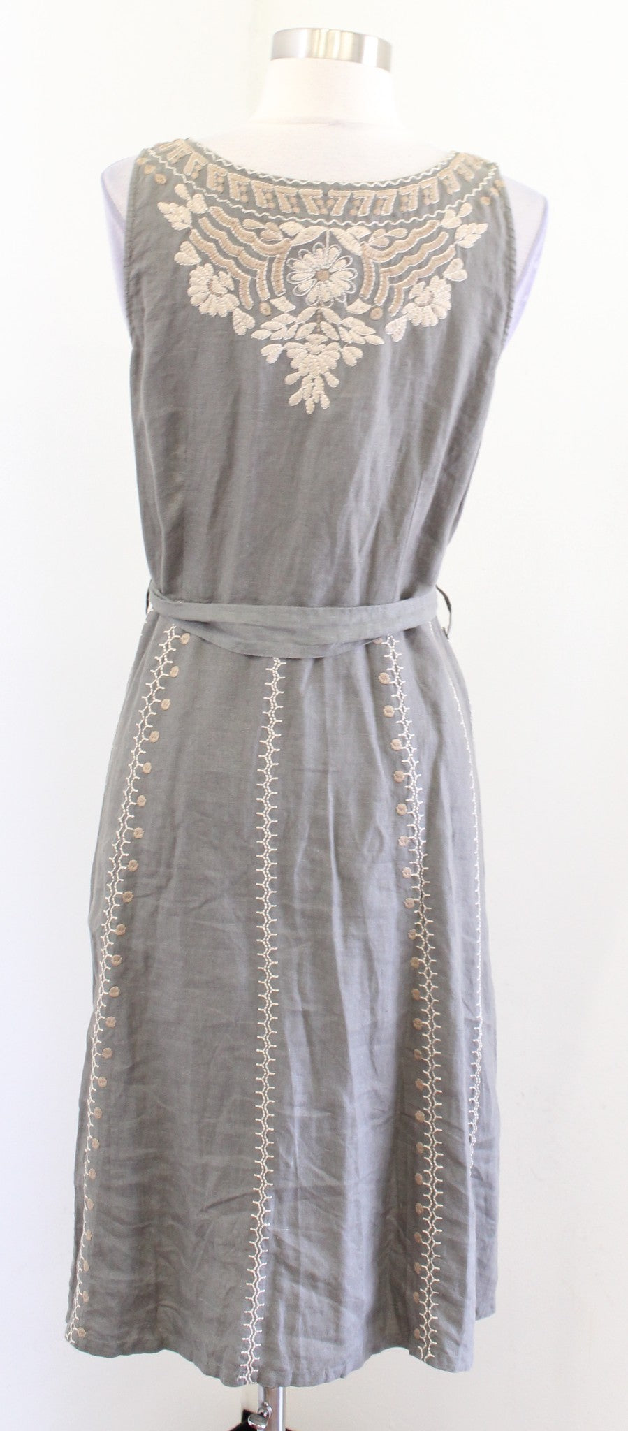 Johnny Was Green Ornate Floral Embroidered Button Front Tie Waist Linen Dress S