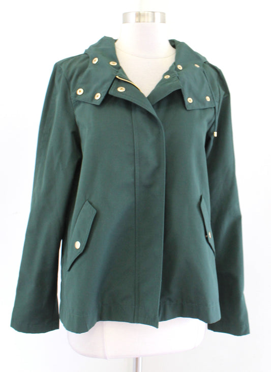 Ann Taylor Loft Forest Green Modern Raincoat Zip Front Hooded Jacket Size S Gold