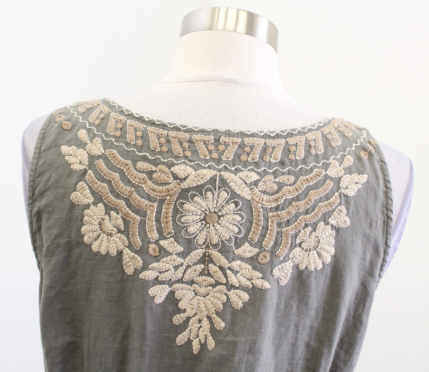 Johnny Was Green Ornate Floral Embroidered Button Front Tie Waist Linen Dress S