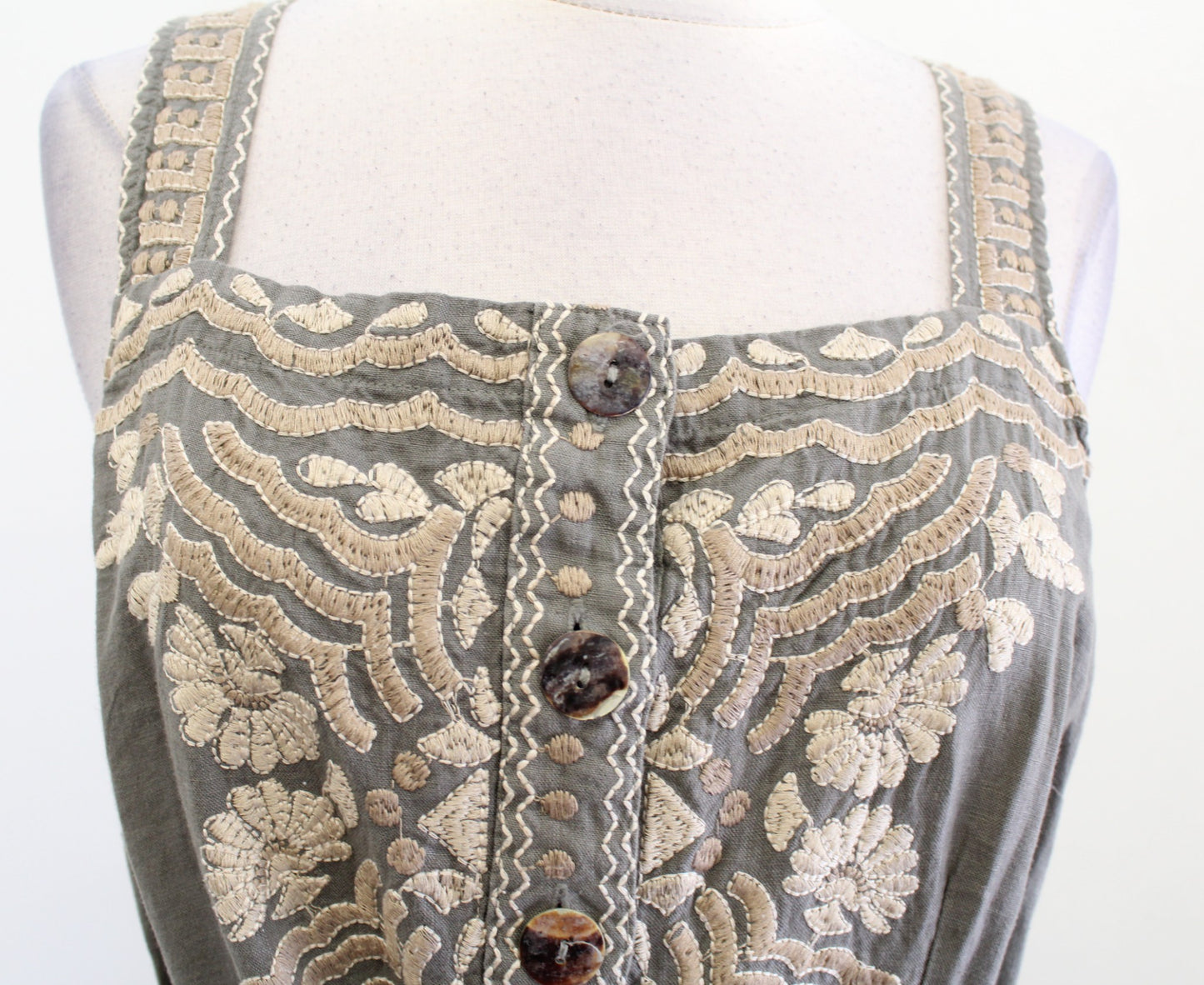 Johnny Was Green Ornate Floral Embroidered Button Front Tie Waist Linen Dress S