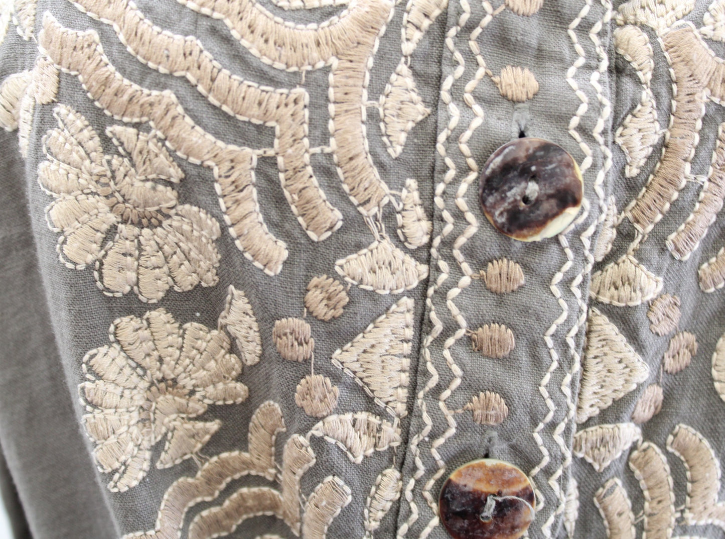 Johnny Was Green Ornate Floral Embroidered Button Front Tie Waist Linen Dress S