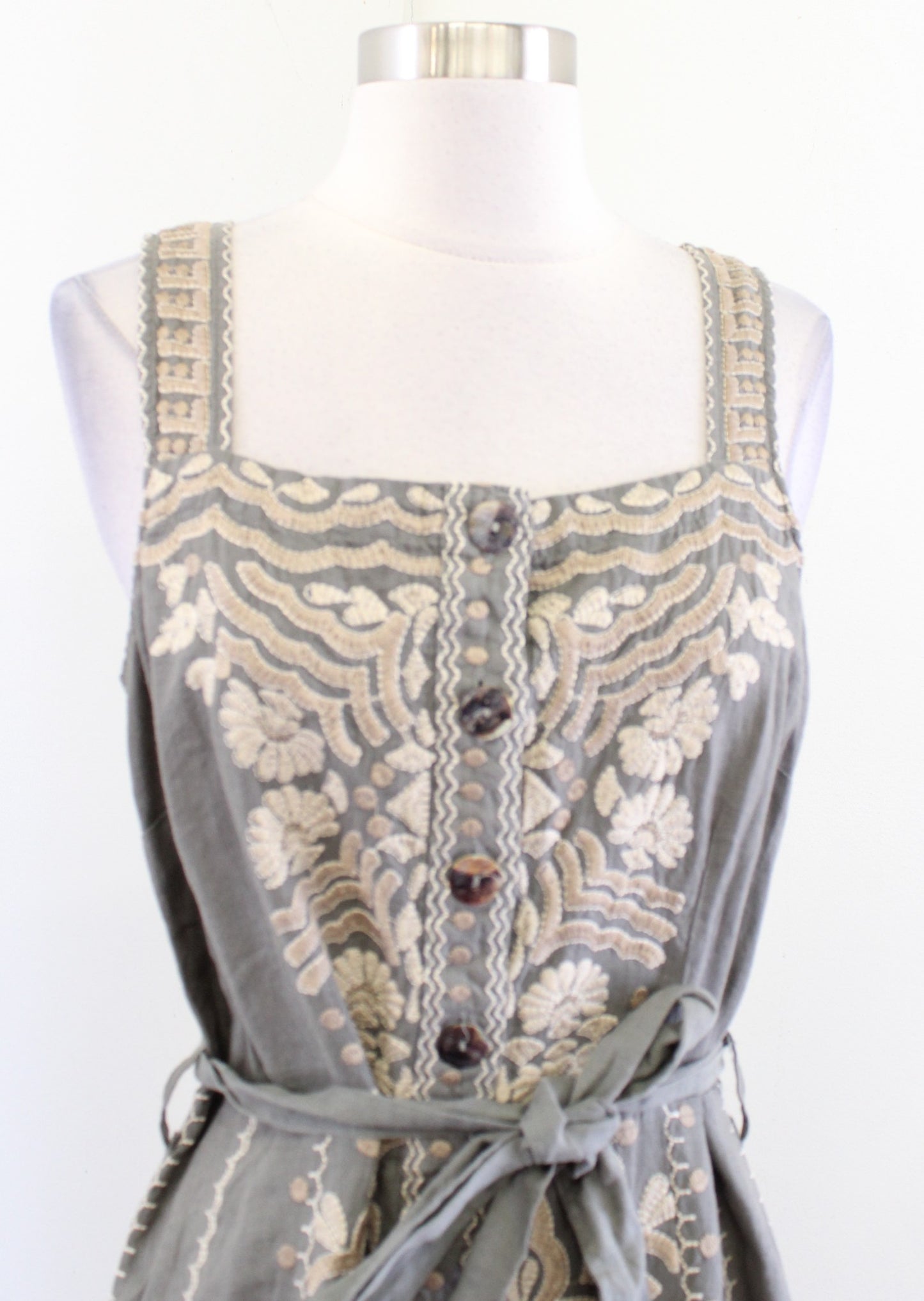 Johnny Was Green Ornate Floral Embroidered Button Front Tie Waist Linen Dress S