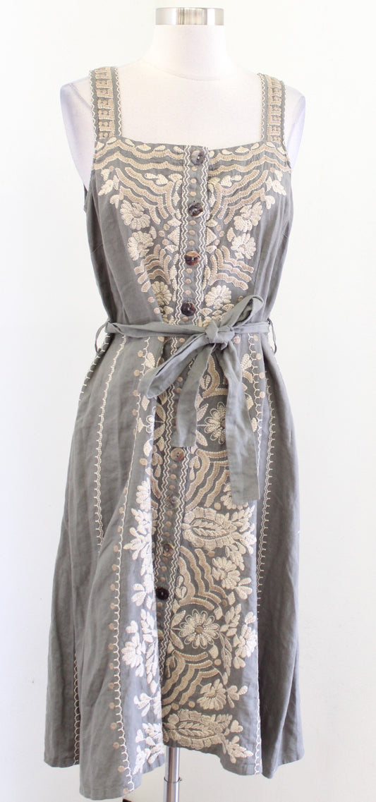 Johnny Was Green Ornate Floral Embroidered Button Front Tie Waist Linen Dress S