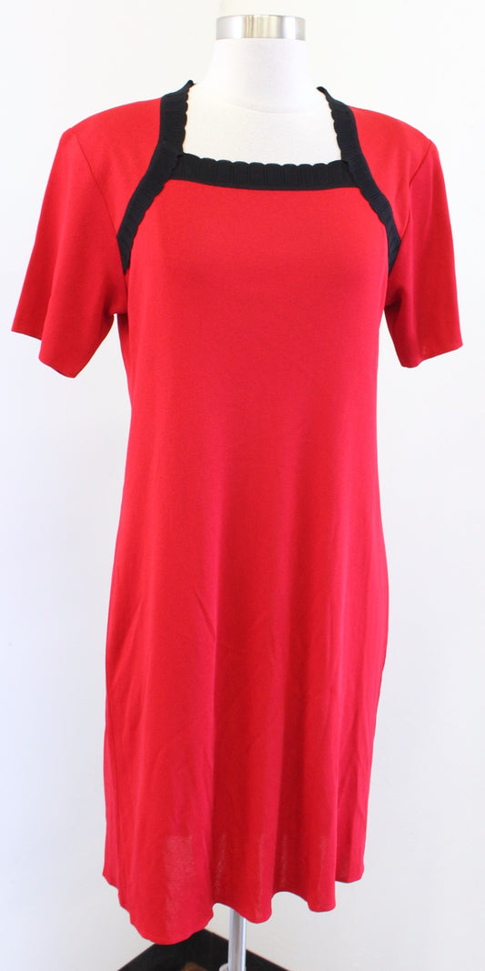 Exclusively Misook Red Black Trimmed Square Neck Knit Dress Short Sleeve PS SP