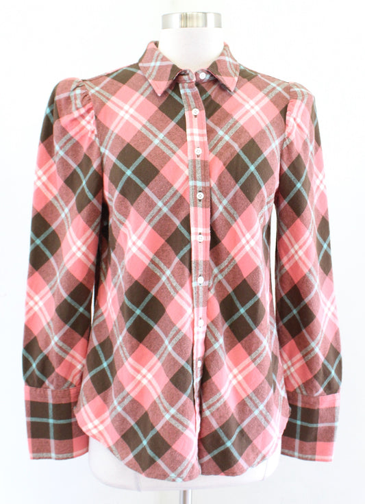 The Shirt Rochelle Behrens Coral Plaid Puff Sleeve Button Front Blouse Top Sz S