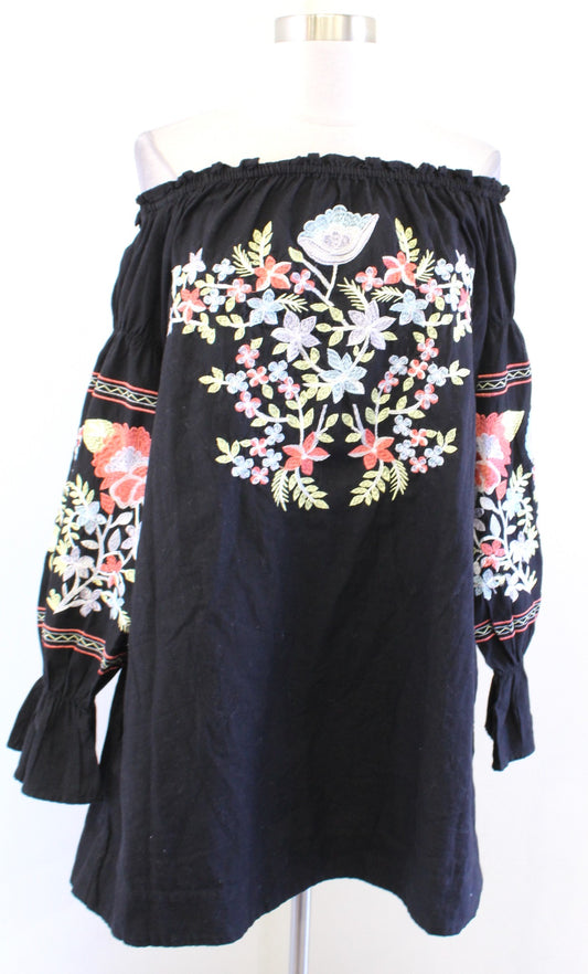 Free People Fleur De Jour Black Off the Shoulder Floral Embroidered Mini Dress S