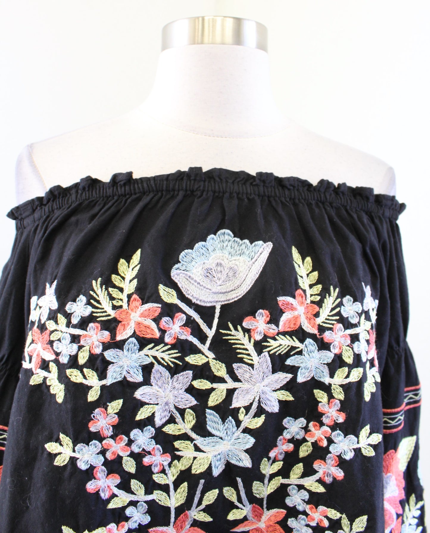 Free People Fleur De Jour Black Off the Shoulder Floral Embroidered Mini Dress S