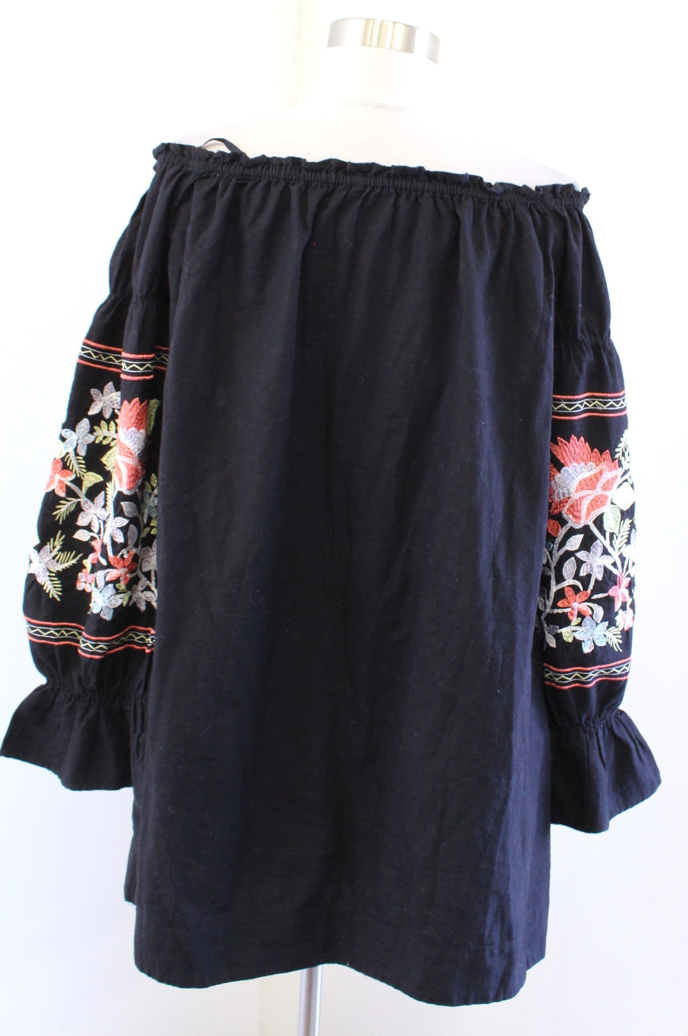 Free People Fleur De Jour Black Off the Shoulder Floral Embroidered Mini Dress S