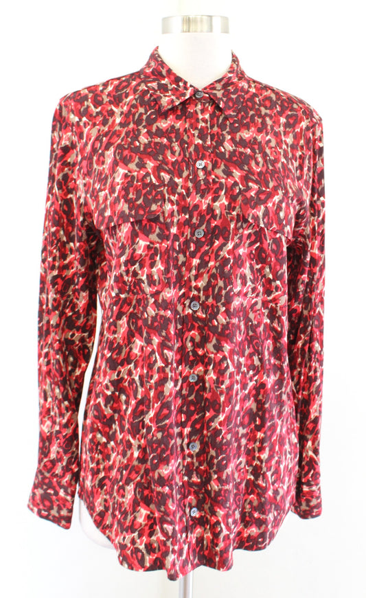 Equipment Red Leopard Print Slim Signature Blouse Button Front Shirt Size M Long Sleeve