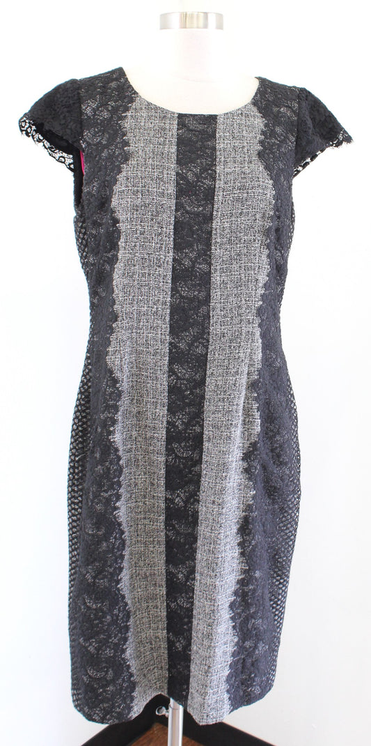 Betsey Johnson Gray Black Lace Tweed Contrast Cap Sleeve Sheath Dress Size 14