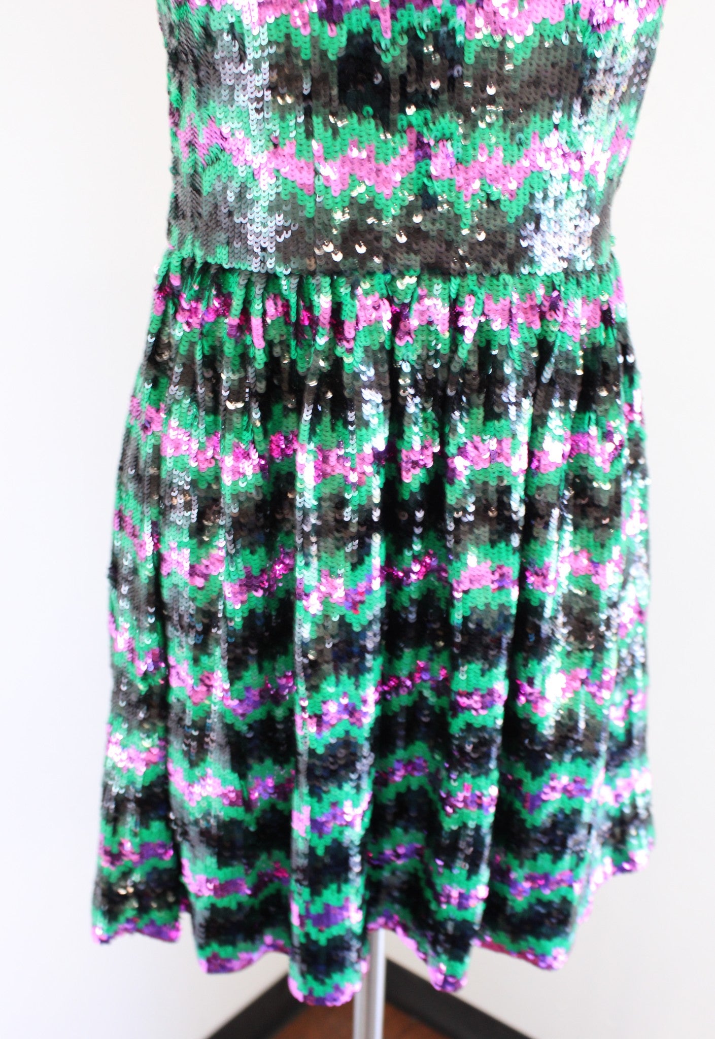 French Connection Black Green Pink Striped Fit and Flare Sequin Dress Sz 4 Party