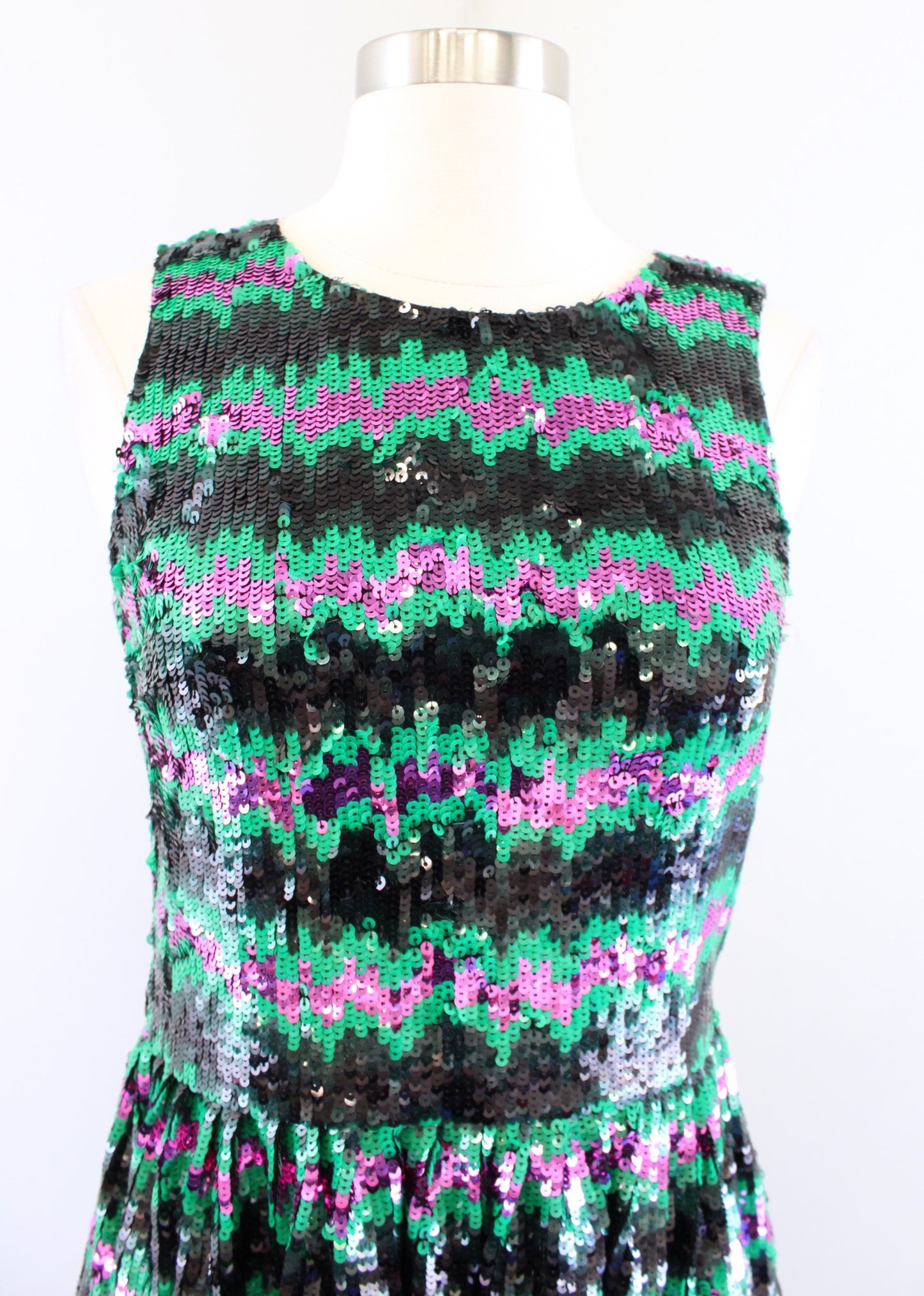 French Connection Black Green Pink Striped Fit and Flare Sequin Dress Sz 4 Party