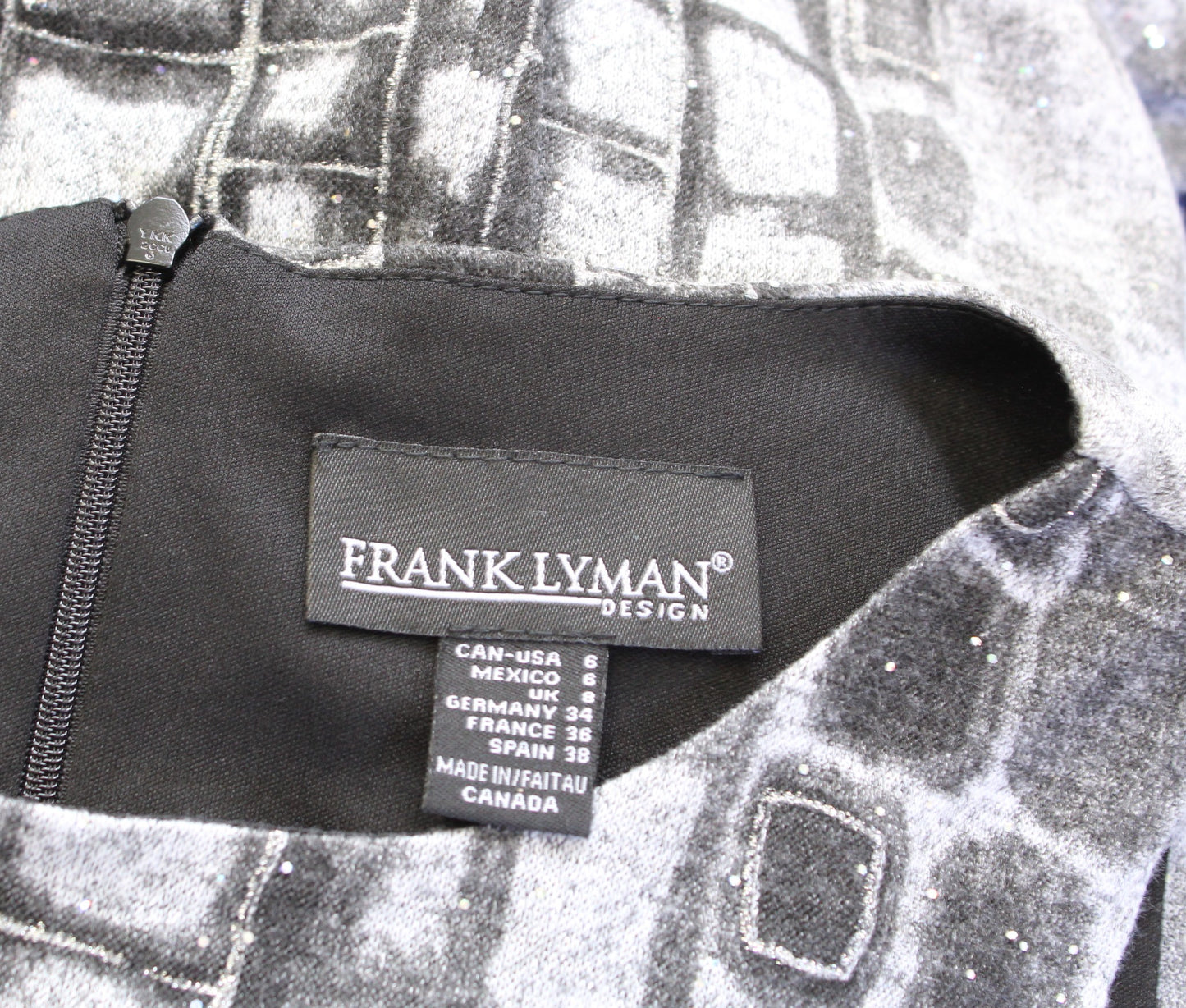 Frank Lyman Gray Black Block Animal Print Iridescent Sequin Sheath Dress Size 6