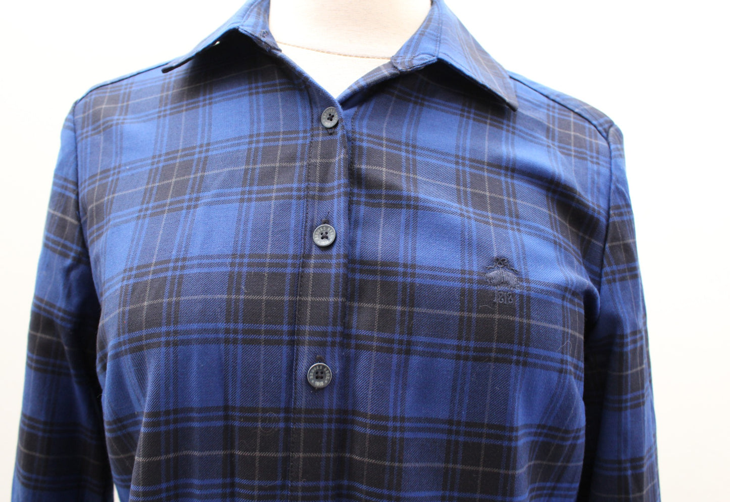 Brooks Brothers Blue Plaid Button Front Wool Blend Shirt Dress Size 2 Black Gray