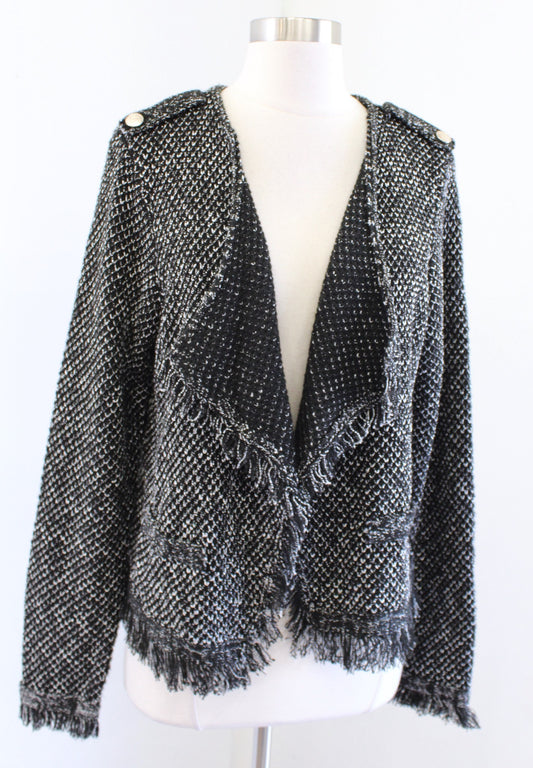 White House Black Market Black Tweed Raw Edge Fringe Cardigan Sweater Jacket L