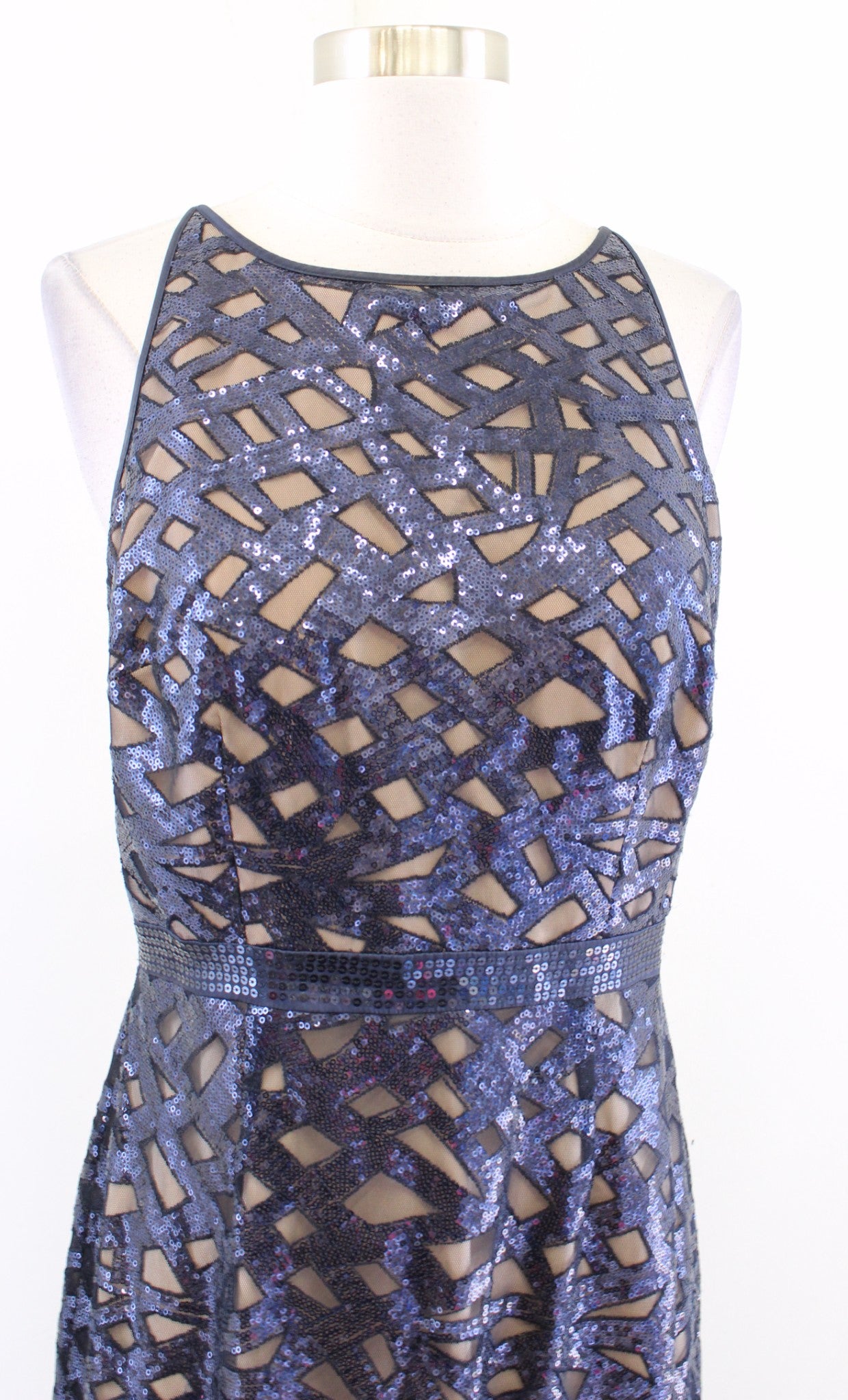 Aidan Mattox Navy Blue Sequin Geometric Mesh Illusion Formal Dress Gown Party 8