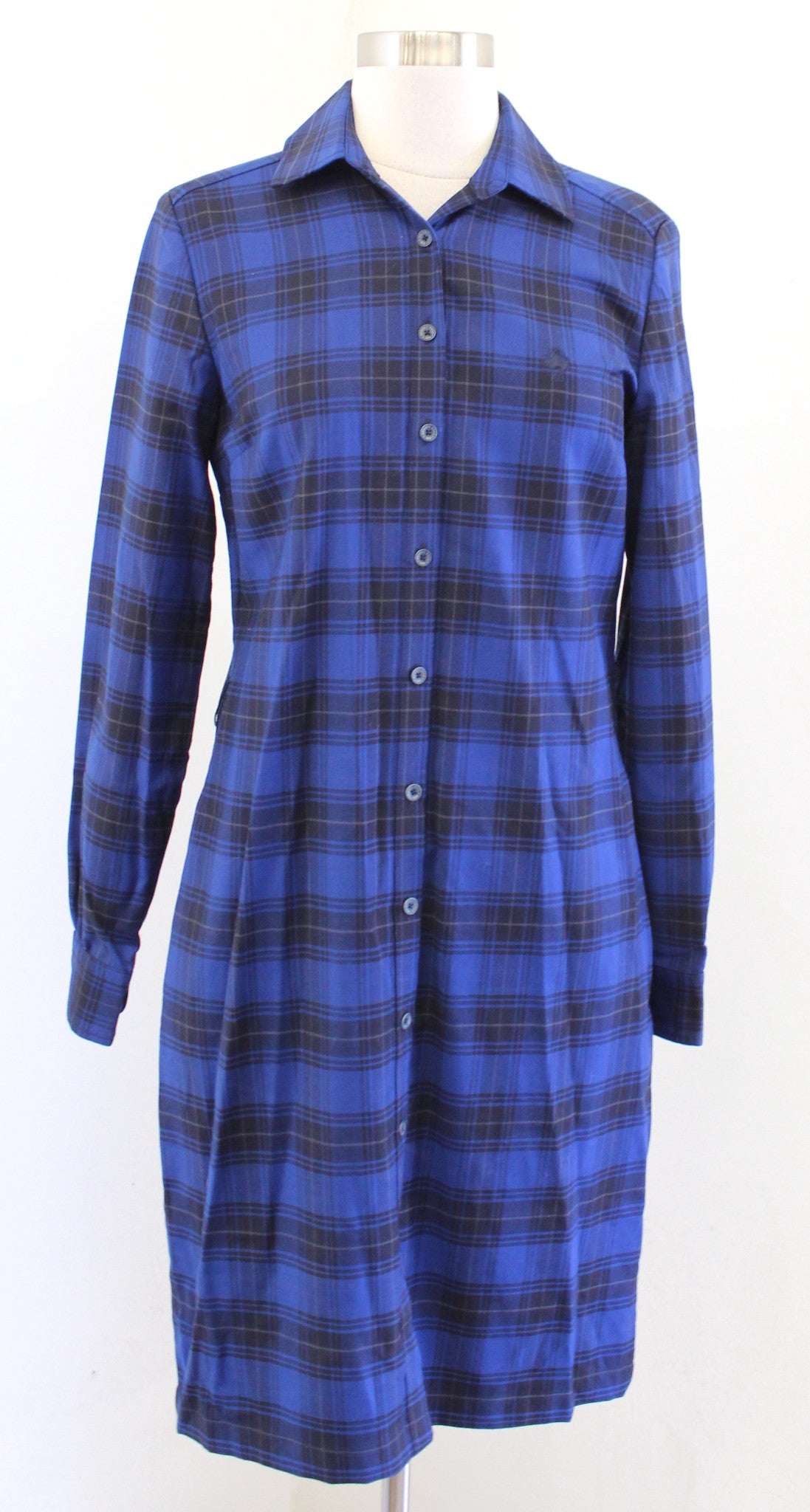 Brooks Brothers Blue Plaid Button Front Wool Blend Shirt Dress Size 2 Black Gray