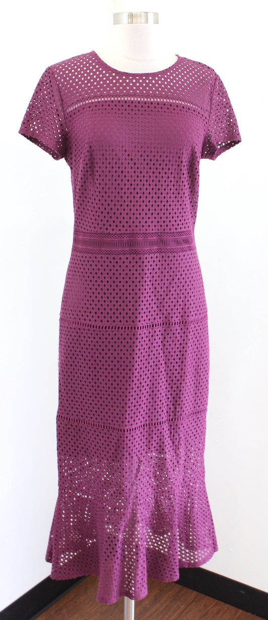 Banana Republic Purple Eyelet Lace Short Sleeve Flounce Hem Midi Dress Size 4