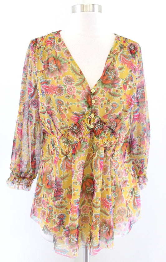 by Anthropologie Gretchen Yellow Mesh Floral Print Smocked Top Blouse Size M
