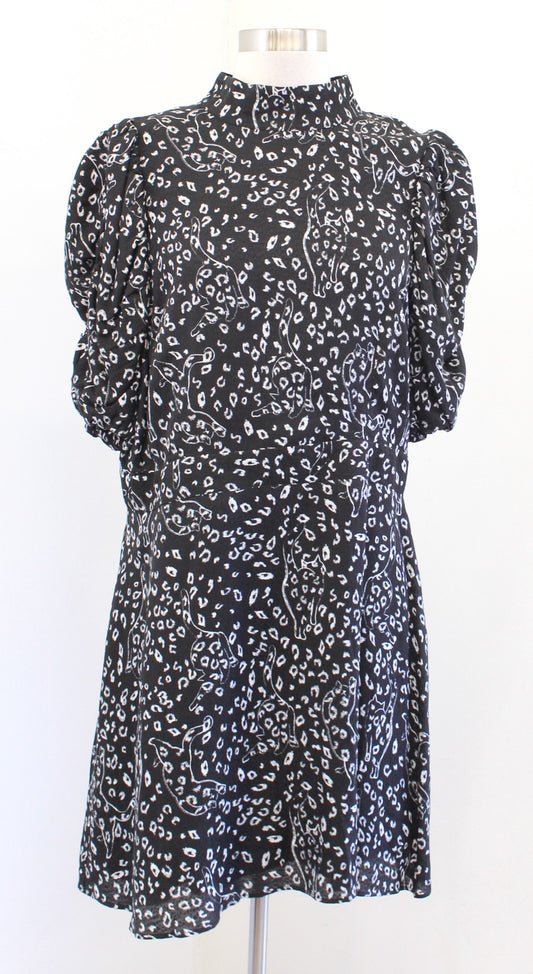 Ted Baker Raayy Black White Leopard Cat Print Puff Sleeve Mini Dress Size 5