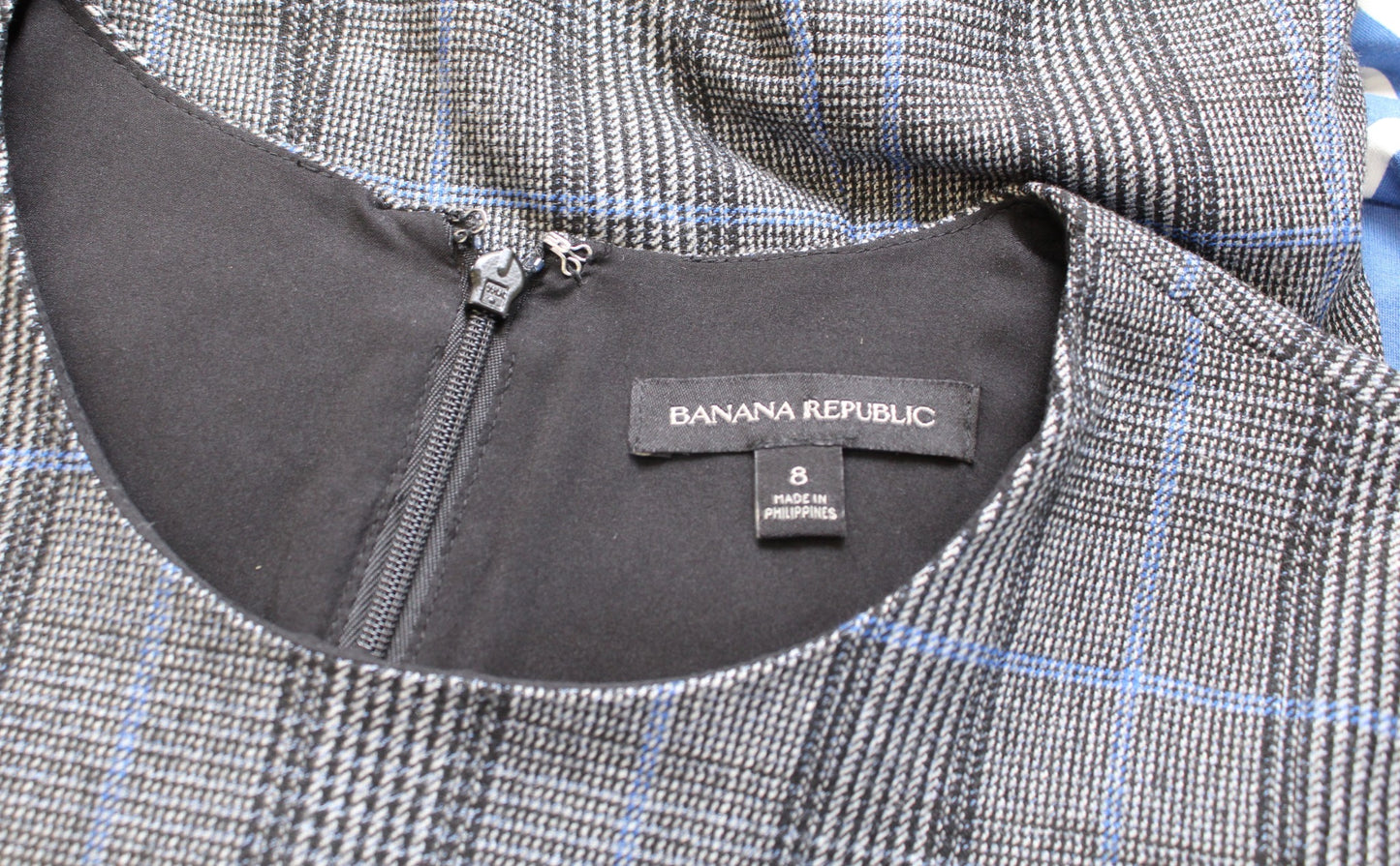 Banana Republic Gray Black Blue Plaid Godet Flounce Hem Sheath Dress Size 8 Wool